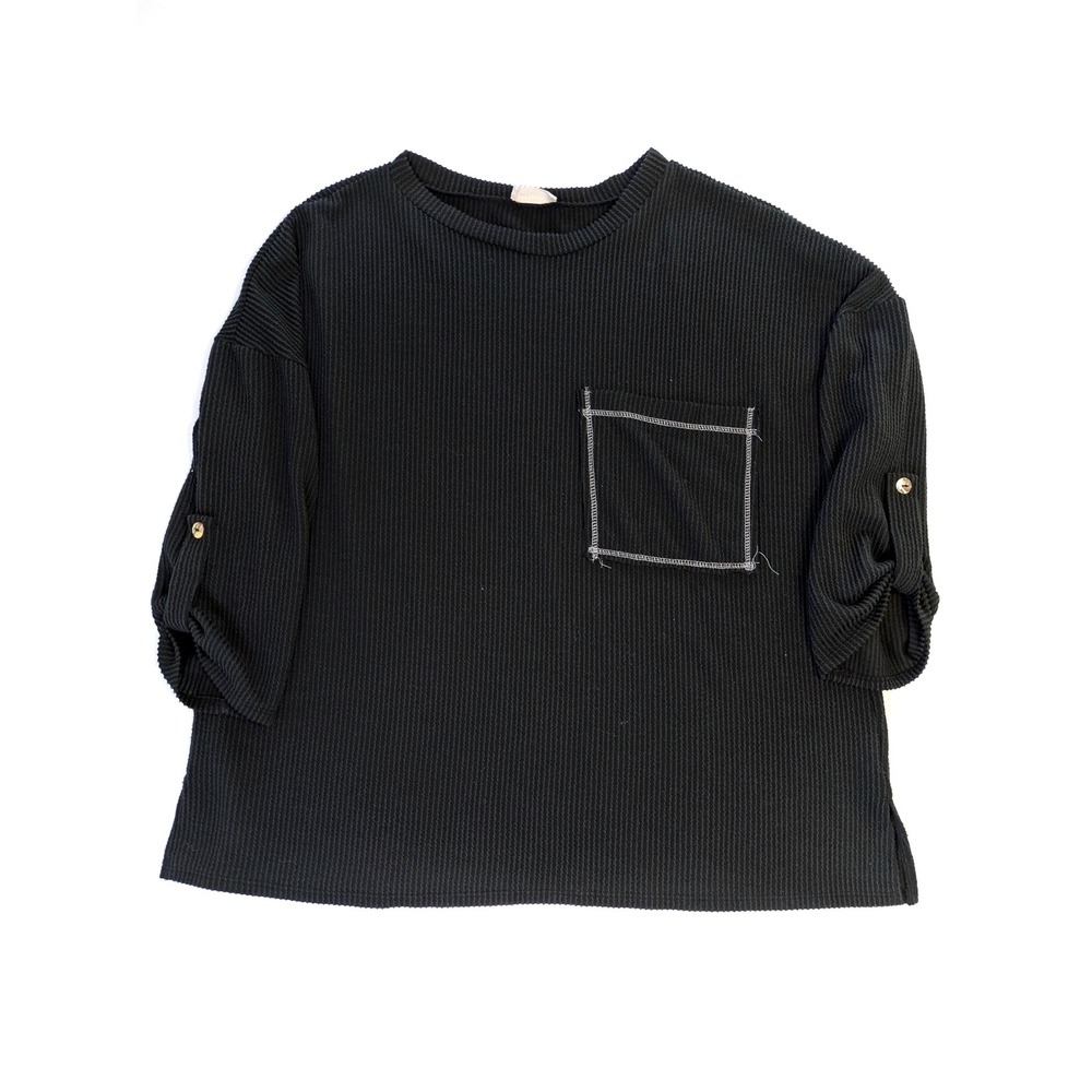 Blumin Apparel Womens 1XL Ribbed Knit Top Black 3/4 Sleeve Button Tab Pocket
